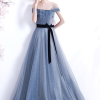 Blue tulle long A line prom dress blue evening dress - Thumbnail 4