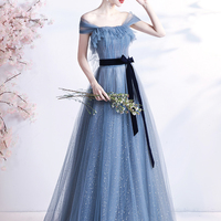 Blue tulle long A line prom dress blue evening dress - Thumbnail 6