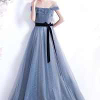 Blue tulle long A line prom dress blue evening dress - Thumbnail 8