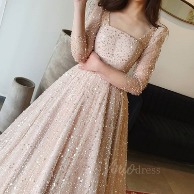 Sparkly a line scoop neck sequins 3/4 sleeves champagne prom dresses party dresses，1031