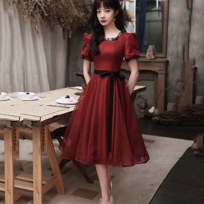 Burgundy tulle short a line prom dress homecoming dress - Thumbnail 3