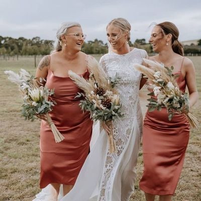 Sheath cowl neck silk satin tea length bridesmaid dresses