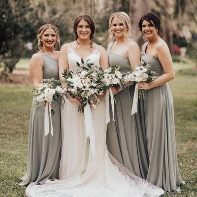 Chic a-line one shoulder long bridesmaid dresses