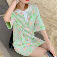 Flower Turnover Collar Pastel Pink Dress - Thumbnail 2