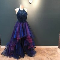Sleeveless Halter Neck Royal Blue Crystal Organza Prom Dresses,Tulle Evening Dress,Beaded High Low Prom Gowns,Long Party Gown，1032 - Thumbnail 1