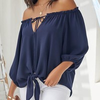 Sexy V-Neck Casual Long-Sleeved Solid Color Top - Thumbnail 2