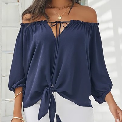 Sexy v-neck casual long-sleeved solid color top
