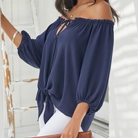 Sexy V-Neck Casual Long-Sleeved Solid Color Top - Thumbnail 4