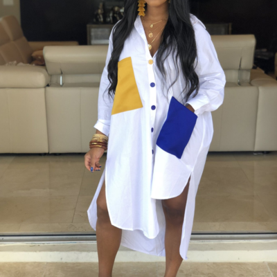 Irregular v-neck women long sleeve pocket dress - Thumbnail 2