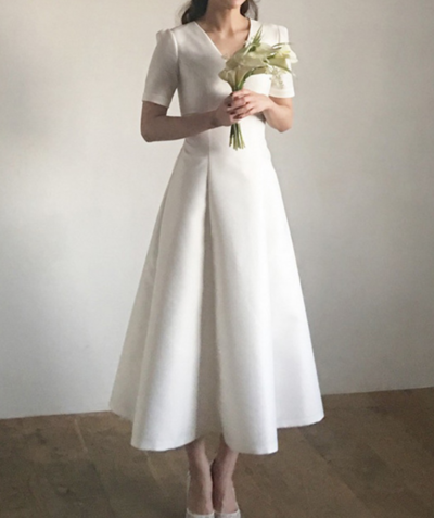 A Line V-neck medium sleeve elegant prom dress