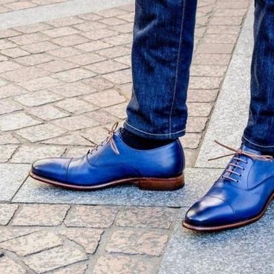 Christmas hot sale men's blue oxford derby cap tor handmade genuine leather dress shoes - Thumbnail 2