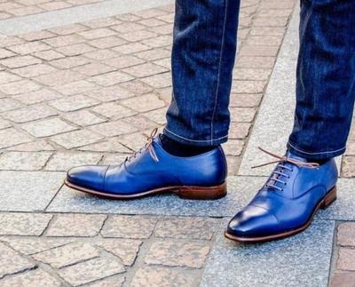 Christmas Hot Sale Men's Blue Oxford Derby Cap tor handmade Genuine Leather Dress Shoes