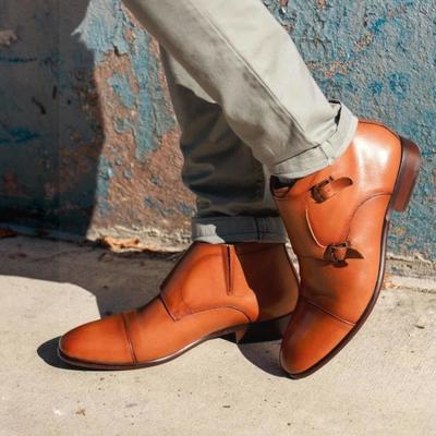 Hot sale 2021 men's brown double monk strap boot, handmade ankle high  leather boot - Thumbnail 1