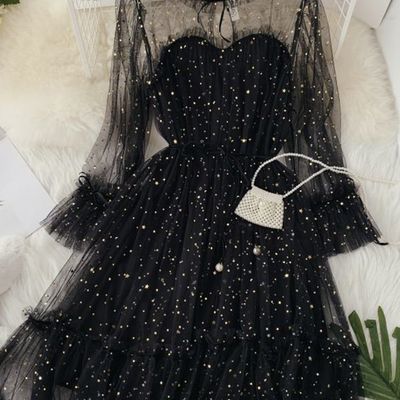 Sp1519,princess black starry long sleeves tulle ruffle short homecoming dress,mini prom evening gown