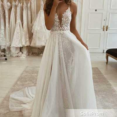Sp1527,2021 elegant spaghetti straps v-neck applique sheath lace tulle wedding dresses with high split