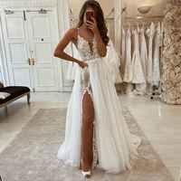SP1527,2021 Elegant Spaghetti Straps V-Neck Applique Sheath Lace Tulle Wedding Dresses with High Split - Thumbnail 1