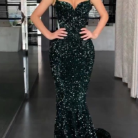 Spaghetti Straps Dark Green Sequin Long Prom Dresses - Thumbnail 1