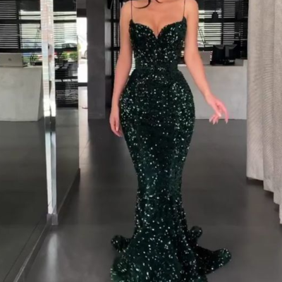 Spaghetti straps dark green sequin long prom dresses - Thumbnail 4