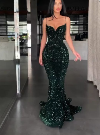 Spaghetti Straps Dark Green Sequin Long Prom Dresses