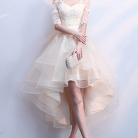 Champagne lace high low prom dress homecoming dress - Thumbnail 2