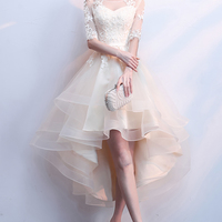 Champagne lace high low prom dress homecoming dress - Thumbnail 4