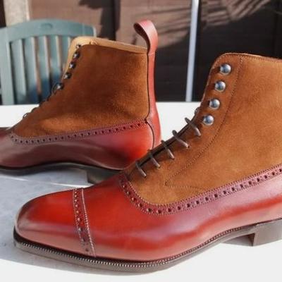 Adult fashion brown ankle high boot, handmade cap toe leather suede decent formal wear shoes - Thumbnail 2