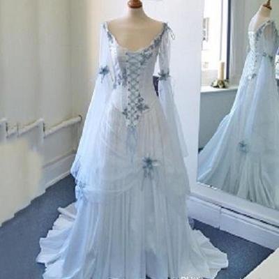 Vintage celtic wedding dresses white and light grey colorful medieval bridal gowns scoop neckline corset long bell sleeves appliques flowers,527 - Thumbnail 2