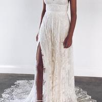 Princess White Lace Long Wedding Dress with Criss Back,Cross Back Beach Wedding Dresses,Side slit Bridal Gowns,531531 - Thumbnail 1