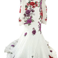 White Floral Print Floor Length Scoop Trumpet Mermaid Long Prom Dress,537 - Thumbnail 1