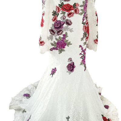 White floral print floor length scoop trumpet mermaid long prom dress,537 - Thumbnail 3