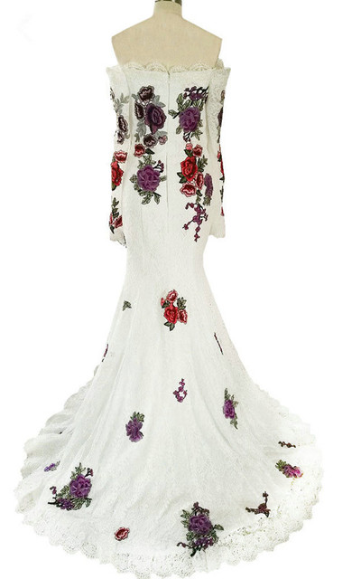 White Floral Print Floor Length Scoop Trumpet Mermaid Long Prom Dress,537