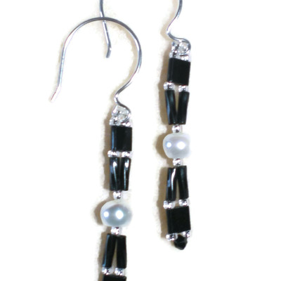 White pearl and black beaded earrings
