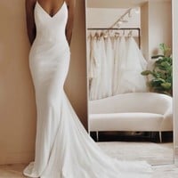 SP1534,Simple Mermaid V Neck Spaghetti Straps Cross Back White Wedding Dresses - Thumbnail 3