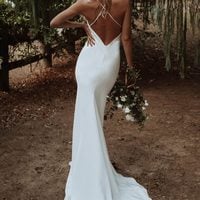 SP1534,Simple Mermaid V Neck Spaghetti Straps Cross Back White Wedding Dresses - Thumbnail 2