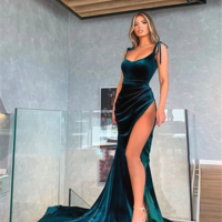 SP1535,Chic A-Line Scoop Neck Hunter Green Velvet Long Prom Evening Dresses with High Split - Thumbnail 1