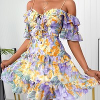 Women's Printed Sling Short Sleeve Dress - Thumbnail 1