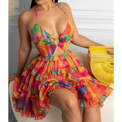 Fashion Sexy Sling Print High Waist Sleeveless Dress