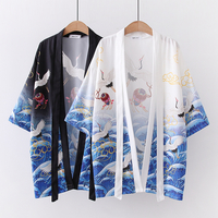 Crane print cardigan jacket men's and women's kimono sun protection cloak - Thumbnail 2