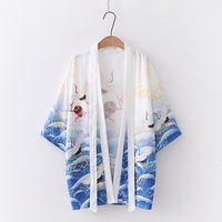 Crane print cardigan jacket men's and women's kimono sun protection cloak - Thumbnail 8
