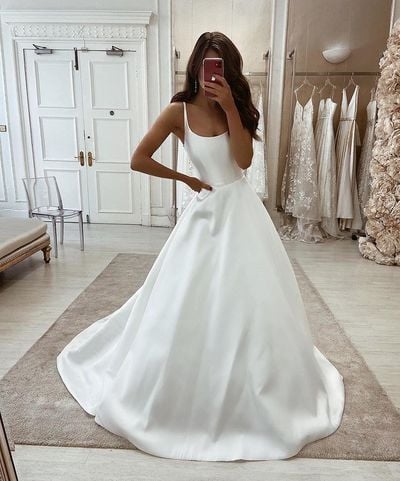 Elegant A-Line Scoop Neck White Satin Wedding Dresses
