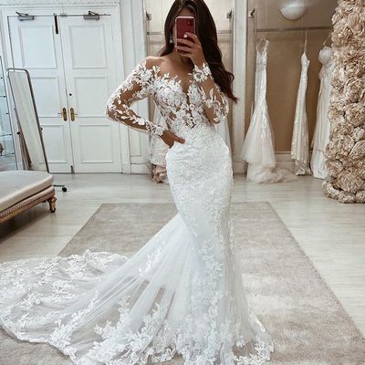 Mermaid sheer neck long sleeve white lace wedding dresses - Thumbnail 1