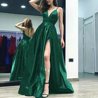Atmospheric dark green spaghetti straps slit leg long dress,538 - Thumbnail 2