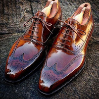 Hot Sale Men's handmade Wing Tip Brogue Brown Leather Shoes, custom made dress men shoes - Thumbnail 1