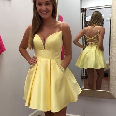 Short Yellow Homecoming Dresses with Pockets