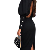 Women'S Sexy Round Neck Fashion Long Sleeves Backless Dress - Thumbnail 2
