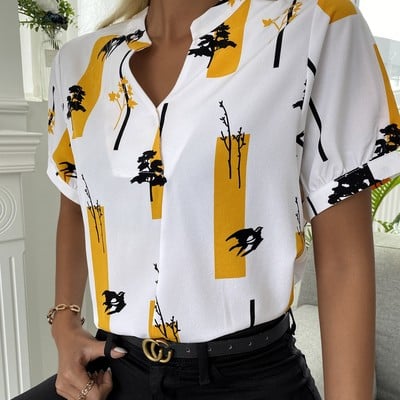 Fashion v-neck short sleeve printed casual shirt top