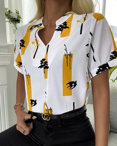 Fashion V-Neck Short Sleeve Printed Casual Shirt Top