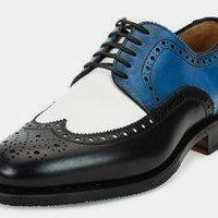 Men Black White Blue Contrast Leather Oxford Wingtip Handmade Formal Shoes - Thumbnail 1