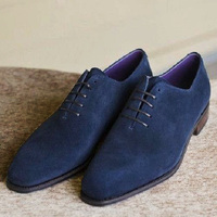 Decent Formally Navy Blue Suede Handmade Lace Up Shoes - Thumbnail 2