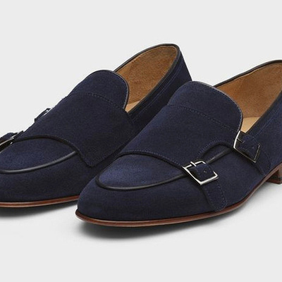 Handmade descent navy blue double monk formal shoes in suede for men - Thumbnail 3
